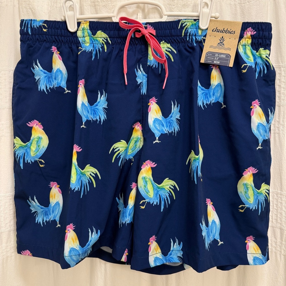 NWT Chubbies Rooster Swim Trunks Navy Blue Men’s XXL 5.5 Inch Inseam Mesh Liner